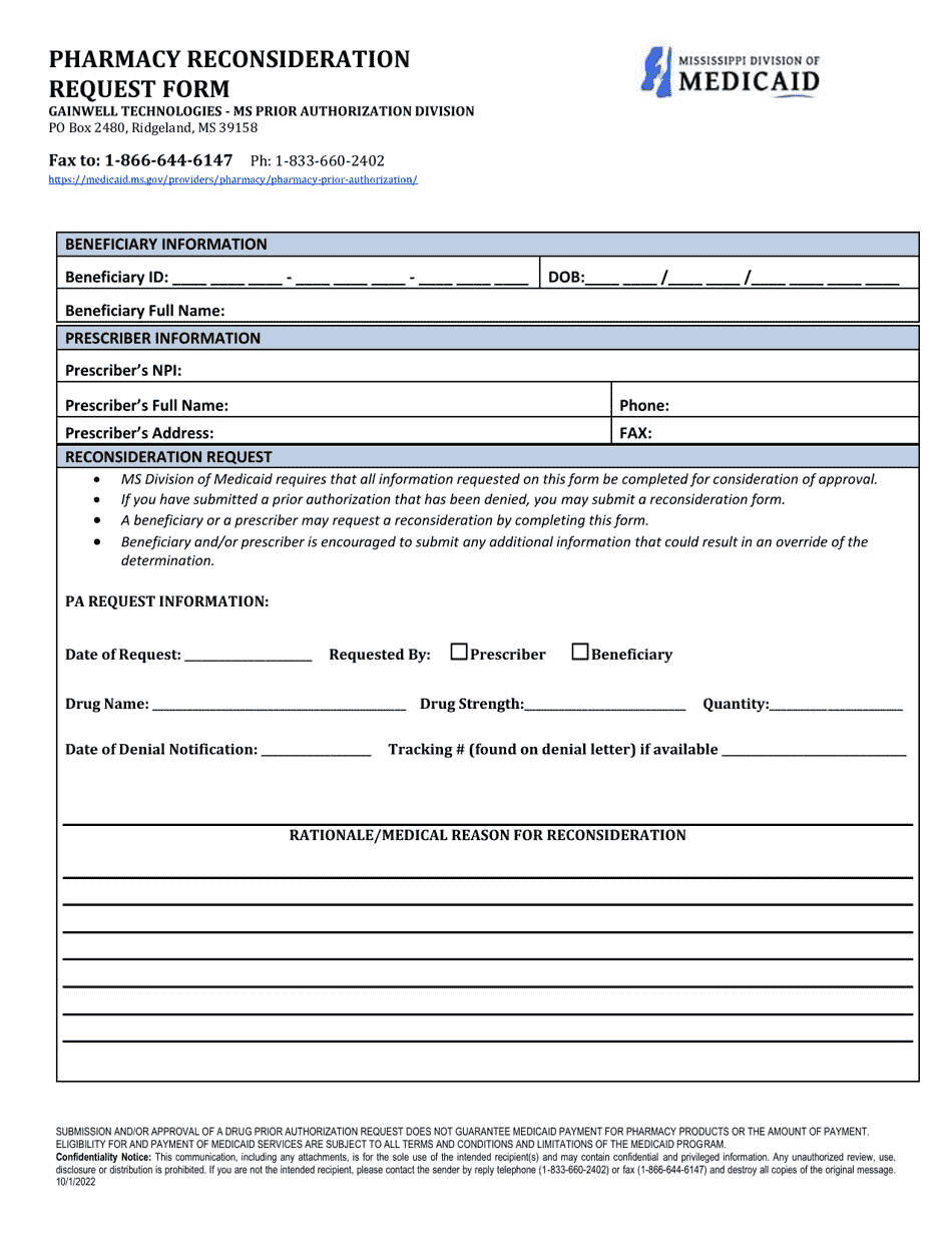 Mississippi Pharmacy Reconsideration Request Form - Fill Out, Sign ...