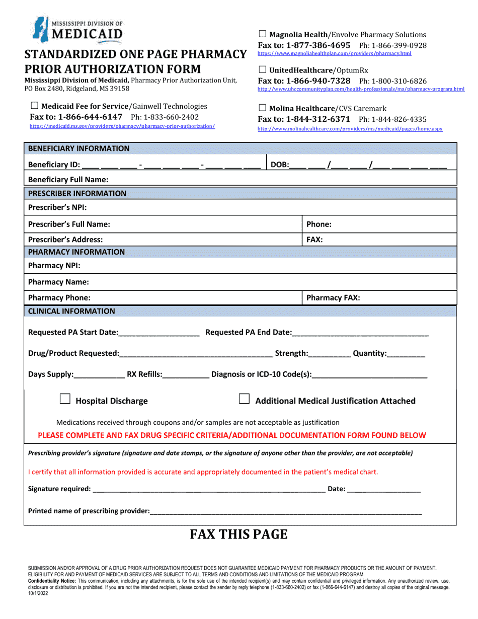 Prior Authorization Packet - Multiple Concurrent Antipsychotics for Beneficiaries (Age 18) - Mississippi, Page 1