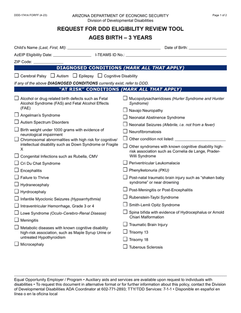 Form DDD-1741A Request for Ddd Eligibility Review Tool - Ages Birth Through 3 Years - Arizona