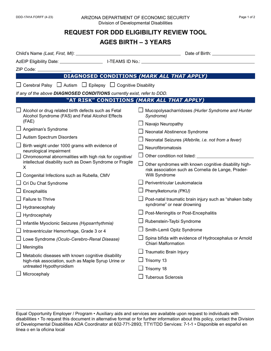 Form DDD-1741A Request for Ddd Eligibility Review Tool - Ages Birth Through 3 Years - Arizona, Page 1
