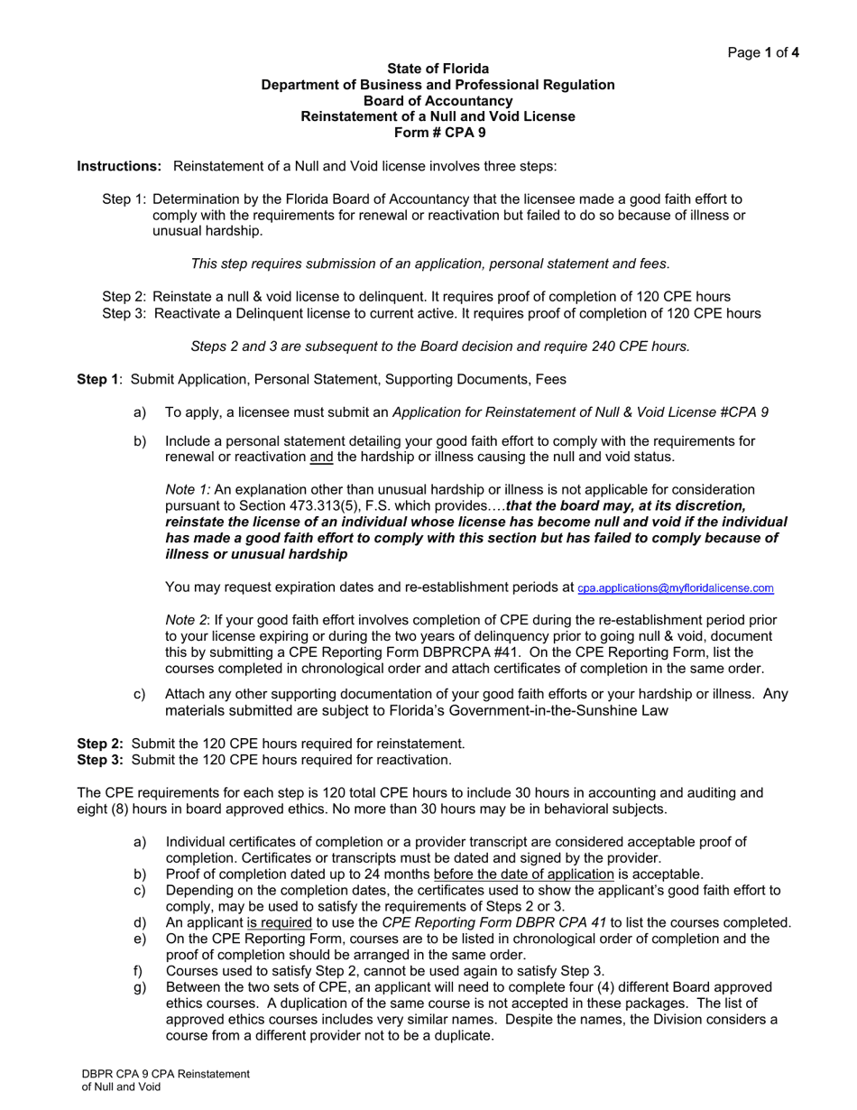 Form DBPR CPA9 Reinstatement of a Null and Void License - Florida, Page 1