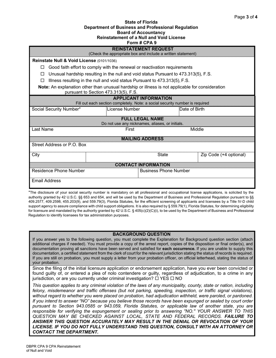 Form DBPR CPA9 Reinstatement of a Null and Void License - Florida, Page 3