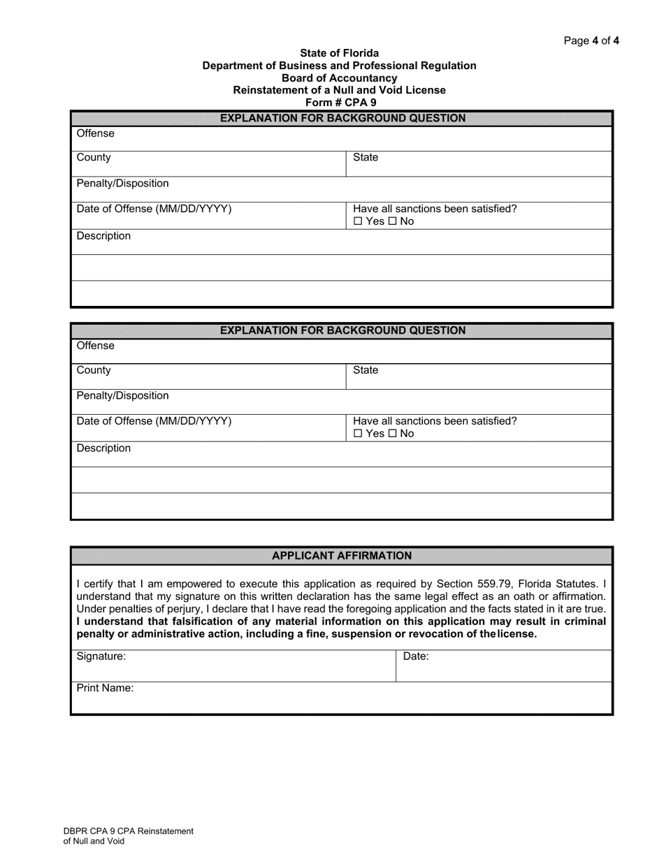 Form DBPR CPA9 Reinstatement of a Null and Void License - Florida, Page 4