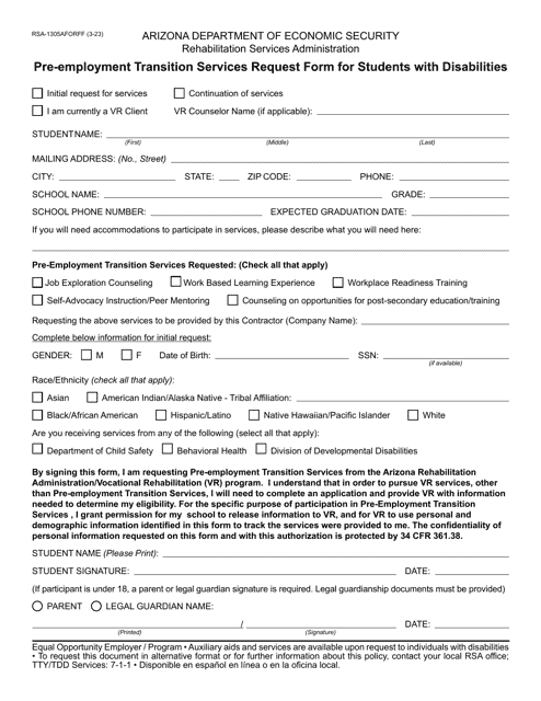 Form RSA-1305A Pre-employment Transition Services Request Form for Students With Disabilities - Arizona