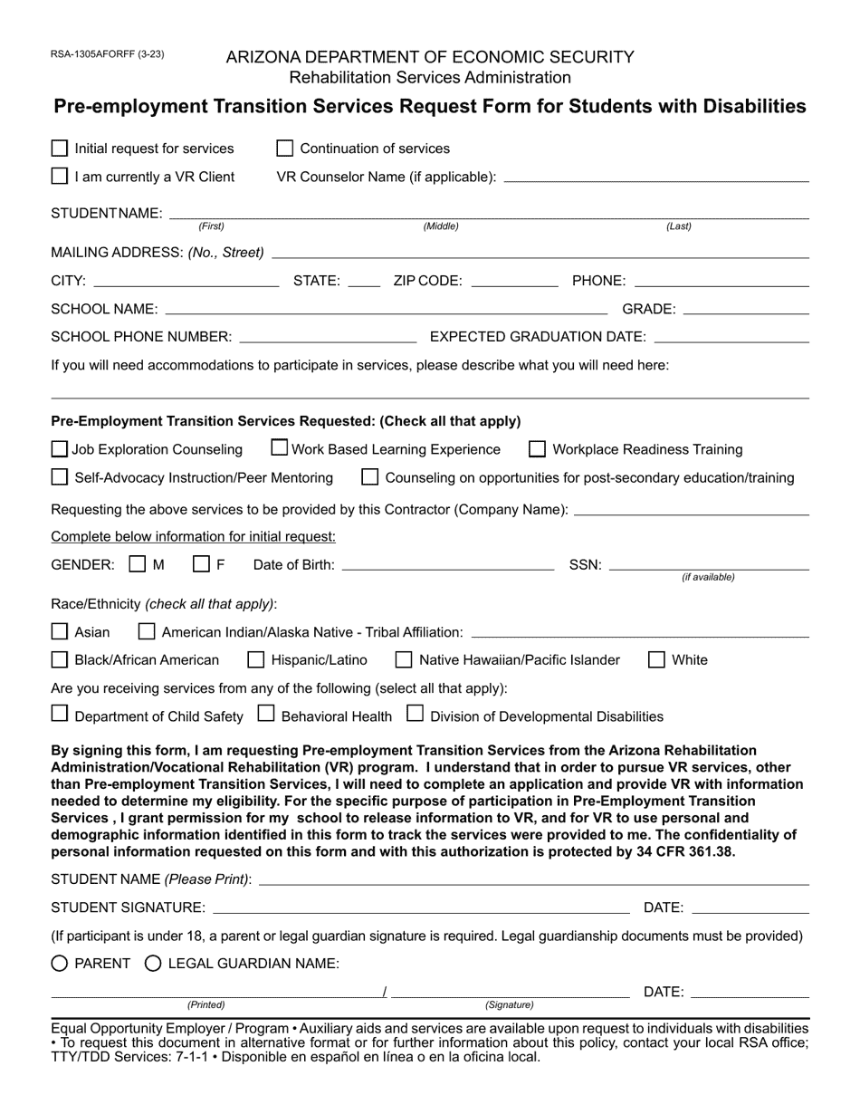 Form RSA-1305A Pre-employment Transition Services Request Form for Students With Disabilities - Arizona, Page 1