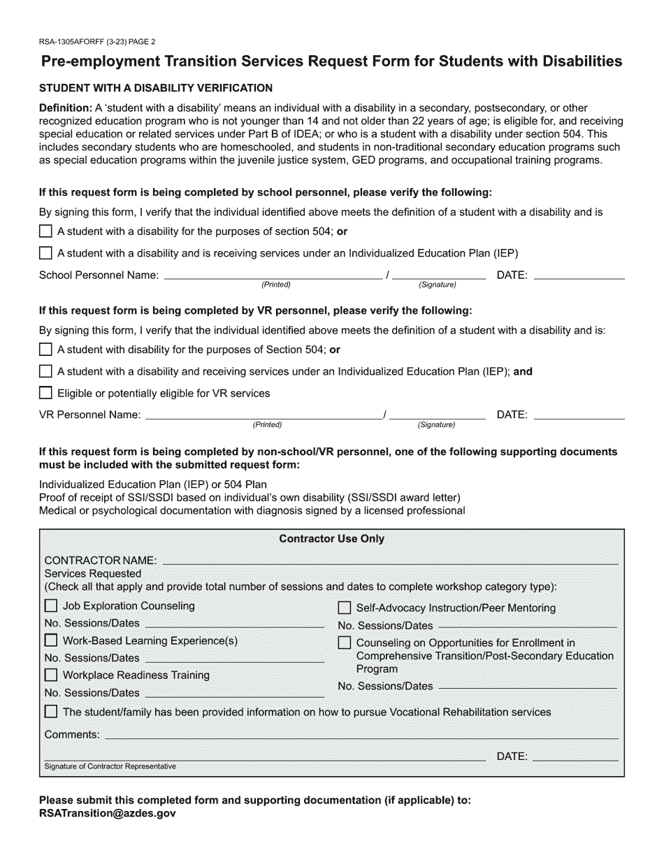 Form RSA-1305A Pre-employment Transition Services Request Form for Students With Disabilities - Arizona, Page 2