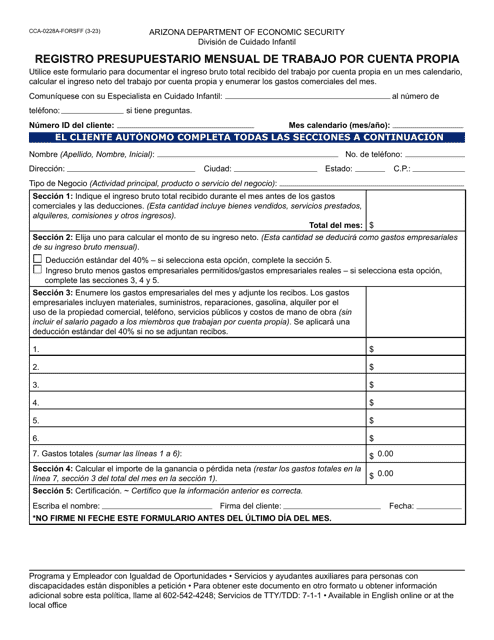 Formulario CCA-0228A-S Registro Presupuestario Mensual De Trabajo Por Cuenta Propia - Arizona (Spanish)