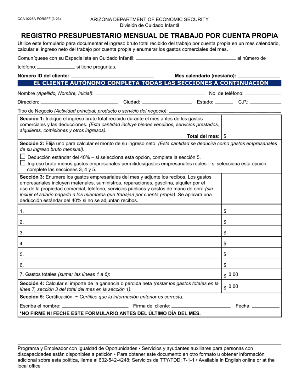 Formulario CCA-0228A-S Registro Presupuestario Mensual De Trabajo Por Cuenta Propia - Arizona (Spanish), Page 1