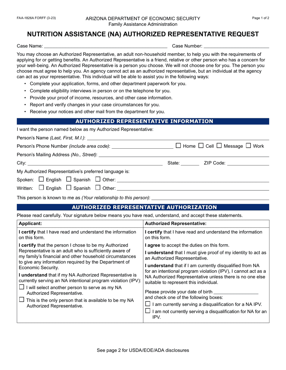 Form FAA-1826A Nutrition Assistance (Na) Authorized Representative Request - Arizona, Page 1