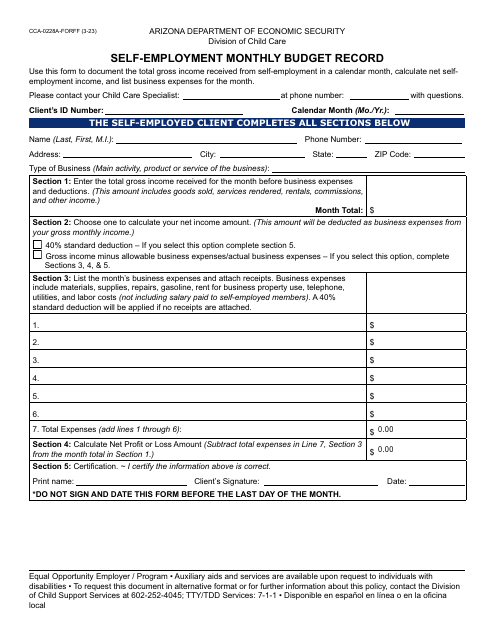 Form CCA-0228A Self-employment Monthly Budget Record - Arizona