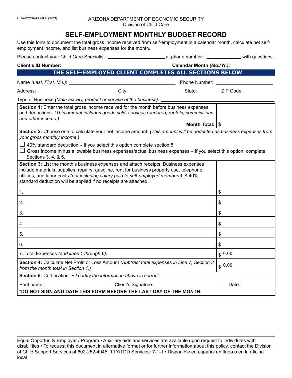 Form CCA-0228A Self-employment Monthly Budget Record - Arizona, Page 1