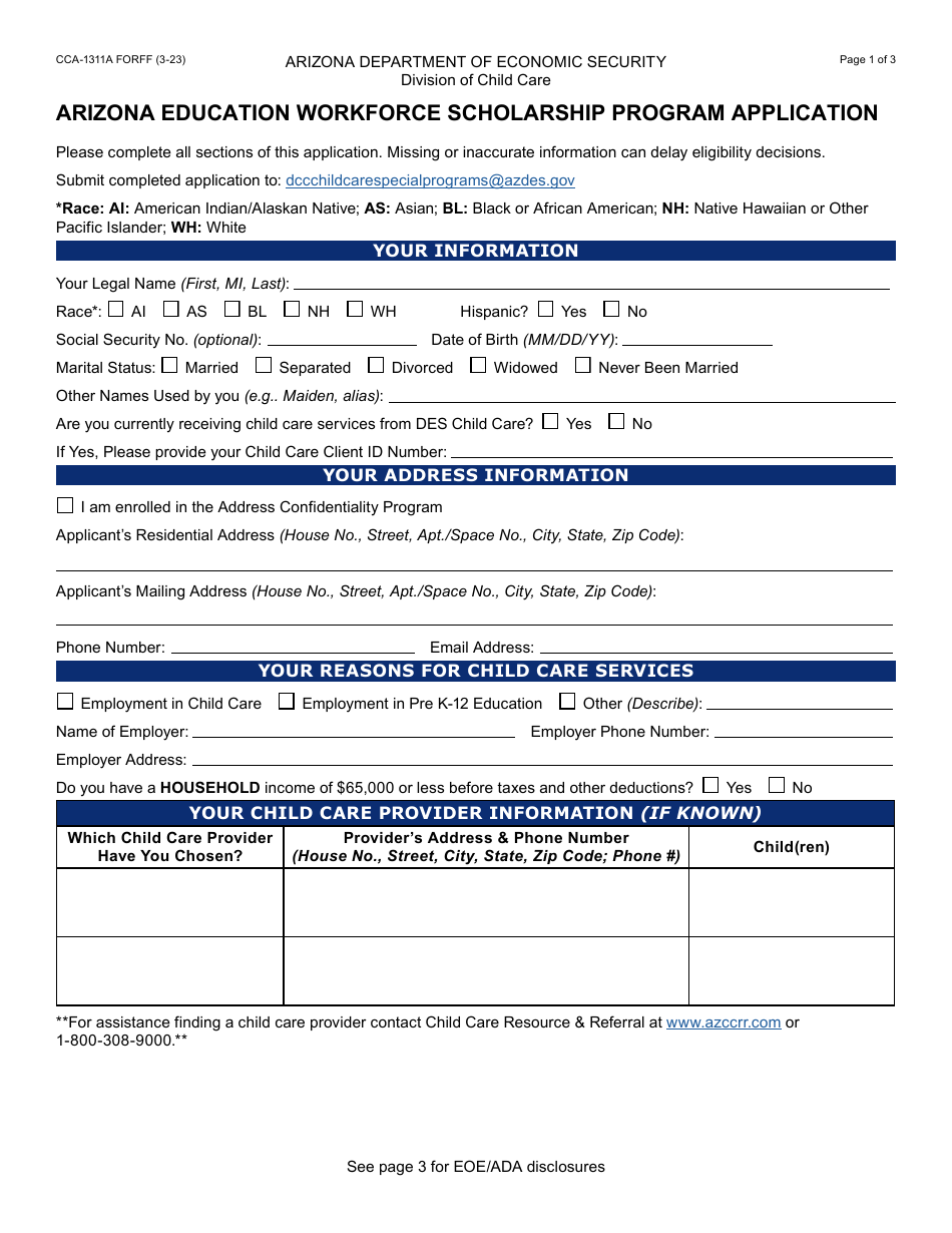 Form CCA-1311A Arizona Education Workforce Scholarship Program Application - Arizona, Page 1