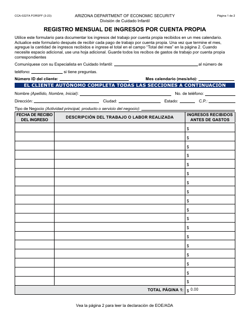 Formulario CCA-0227A-S Registro Mensual De Ingresos Por Cuenta Propia - Arizona (Spanish)
