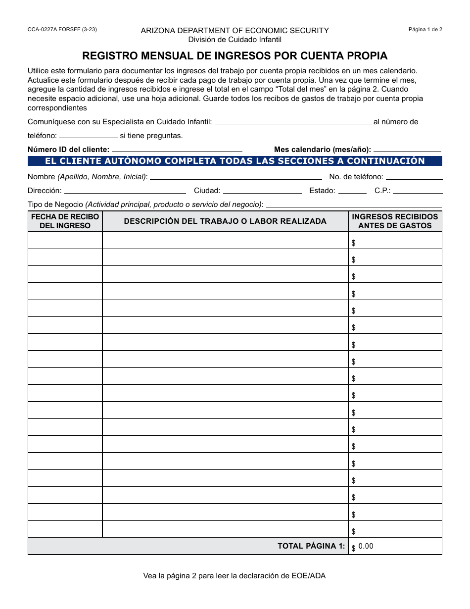 Formulario CCA-0227A-S Registro Mensual De Ingresos Por Cuenta Propia - Arizona (Spanish), Page 1