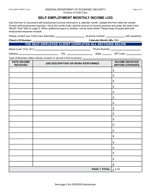 Form CCA-0227A Self-employment Monthly Income Log - Arizona