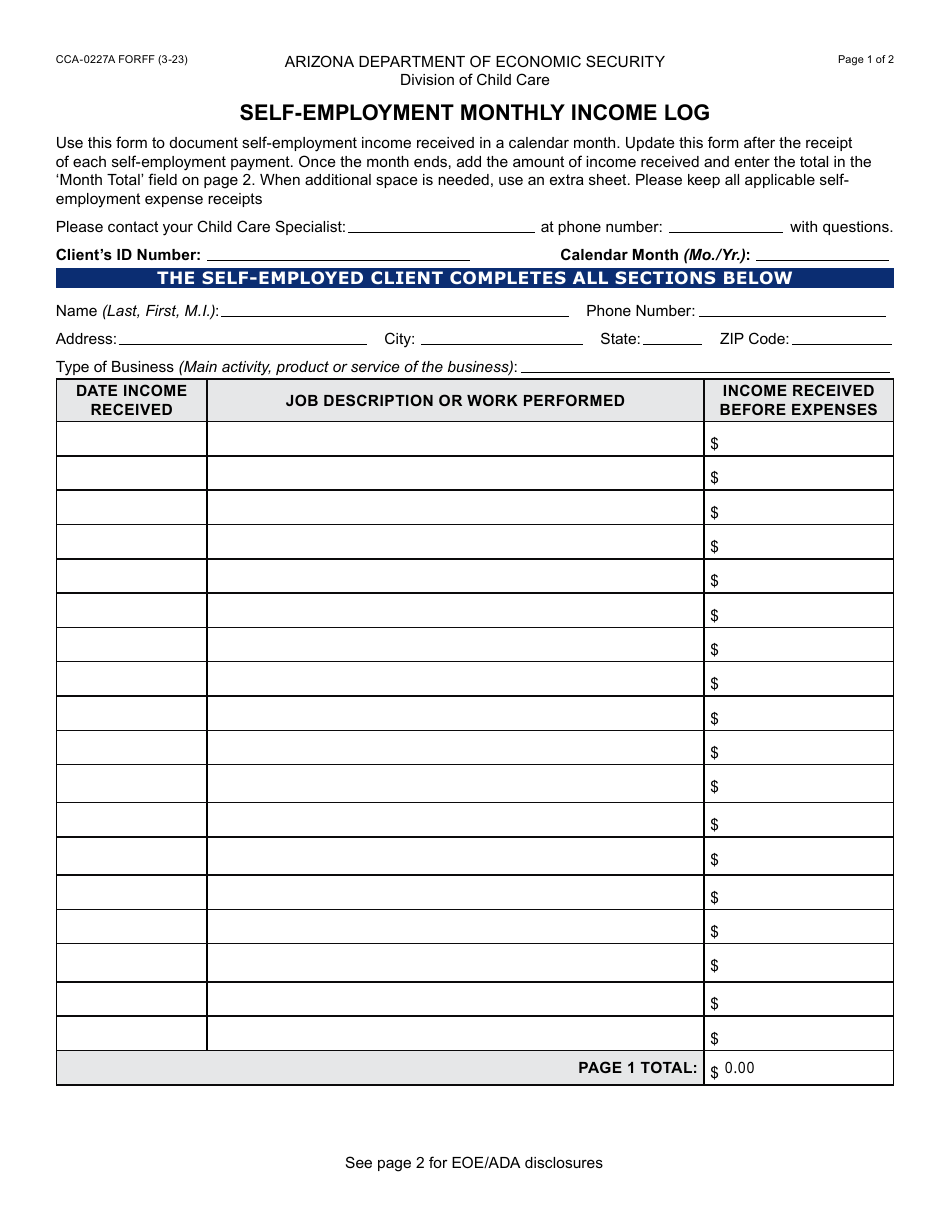 Form CCA-0227A Self-employment Monthly Income Log - Arizona, Page 1