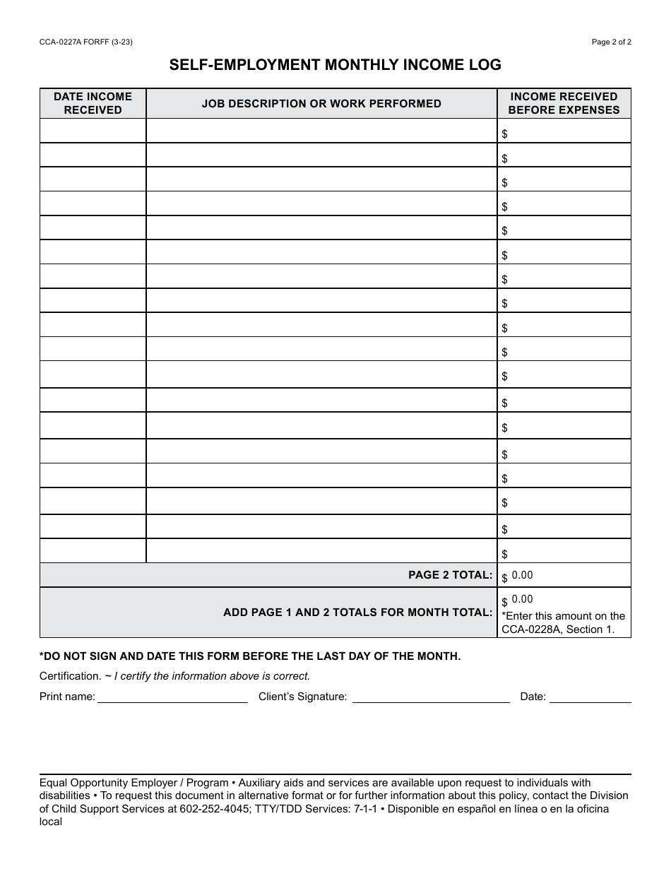 Form CCA-0227A Self-employment Monthly Income Log - Arizona, Page 2