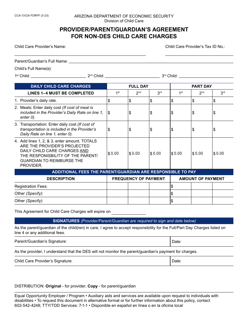 Form CCA-1312A Provider / Parent / Guardians Agreement for Non-DES Child Care Charges - Arizona, Page 1