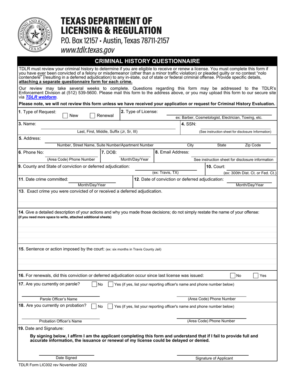 TDLR Form LIC002 Criminal History Questionnaire - Texas, Page 3