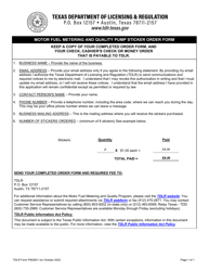 TDLR Form FMQ001 Motor Fuel Metering and Quality Pump Sticker Order Form - Texas
