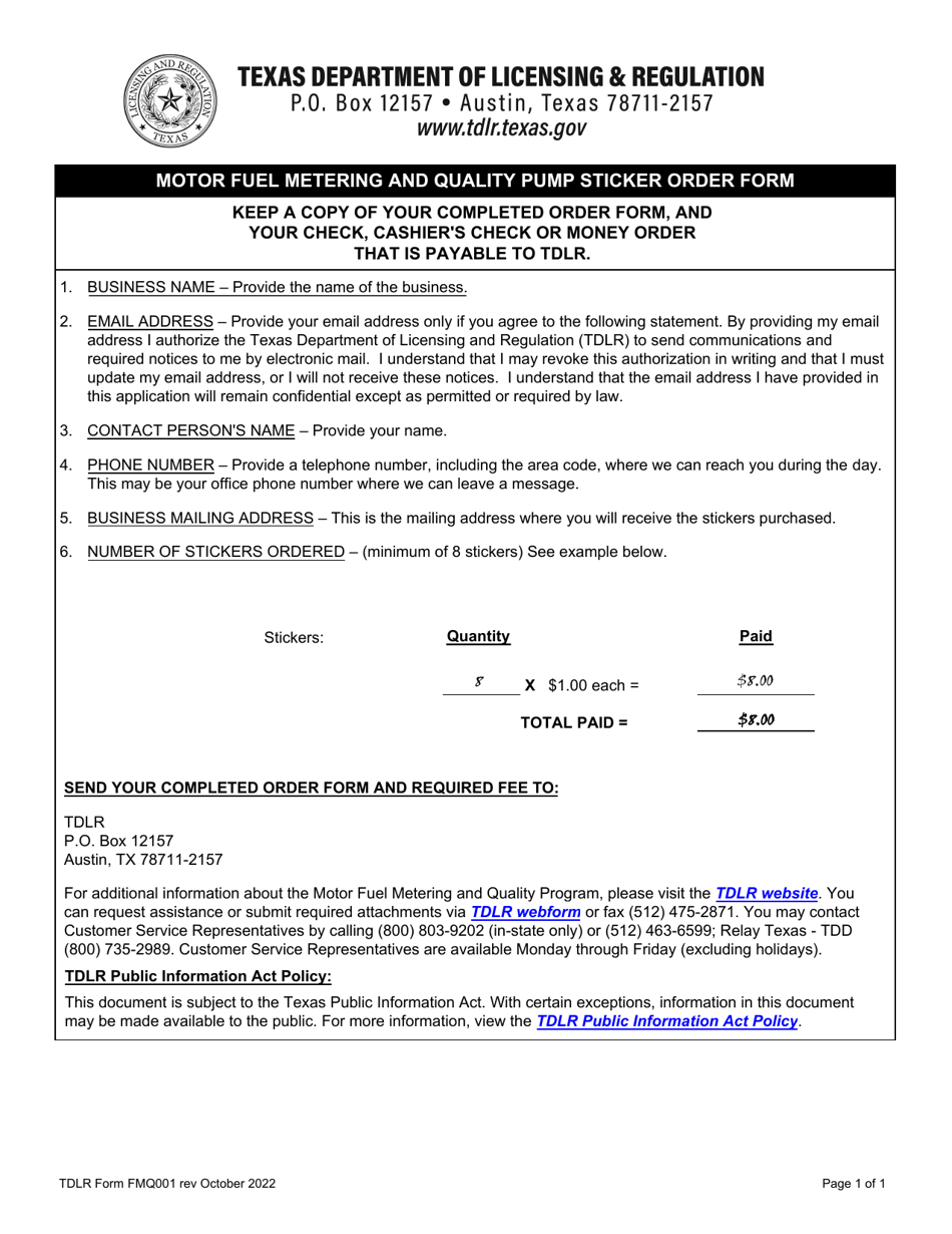 TDLR Form FMQ001 Motor Fuel Metering and Quality Pump Sticker Order Form - Texas, Page 1