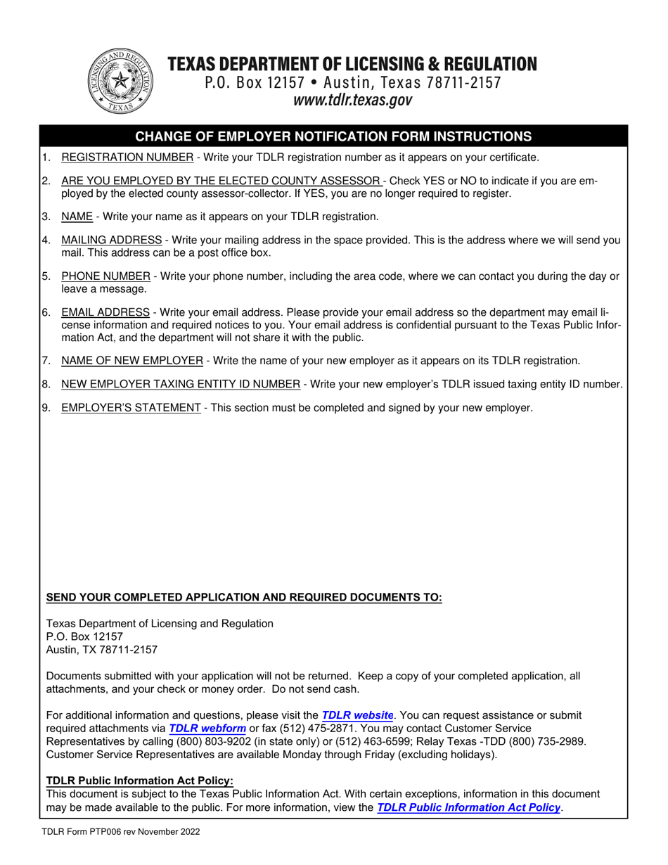 TDLR Form PTP006 Download Fillable PDF or Fill Online Change of