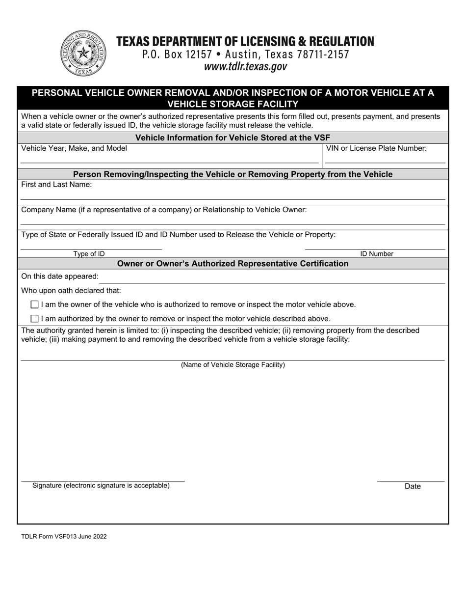 TDLR Form VSF013 Personal Vehicle Owner Removal and / or Inspection of a Motor Vehicle at a Vehicle Storage Facility - Texas, Page 1