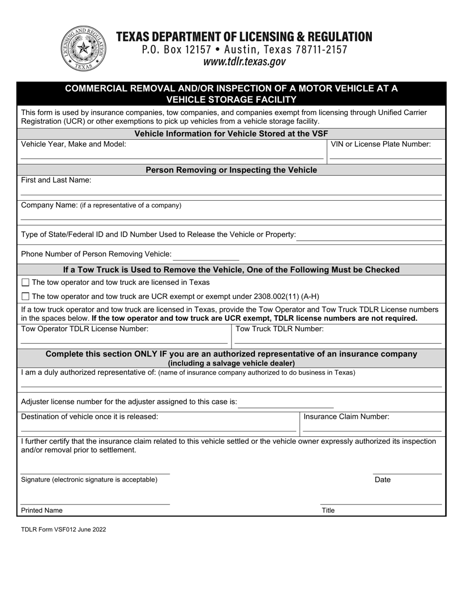 TDLR Form VSF012 Fill Out, Sign Online and Download Fillable PDF