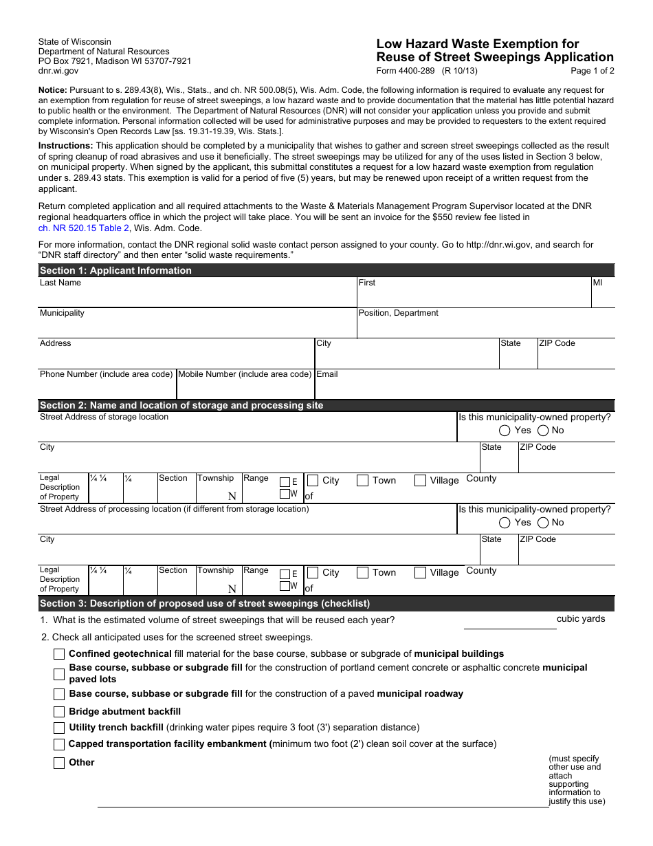 Form 4400-289 Low Hazard Waste Exemption for Reuse of Street Sweepings Application - Wisconsin, Page 1