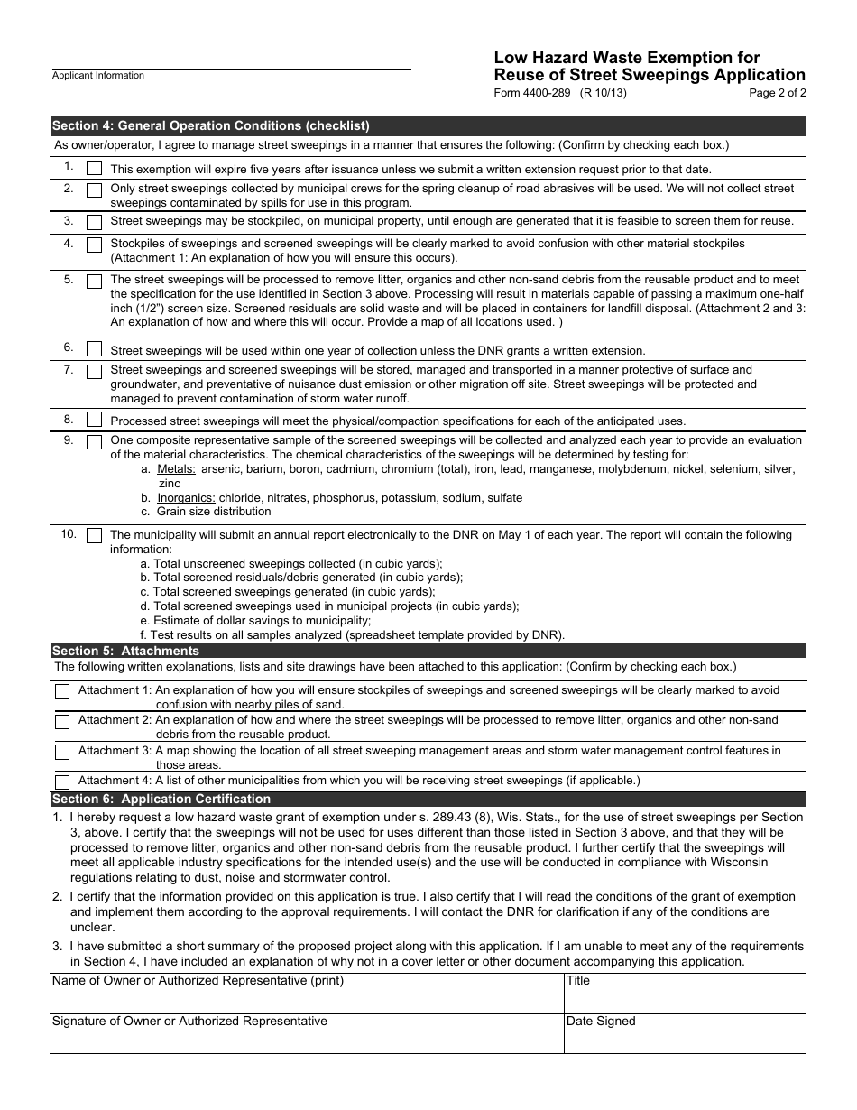 Form 4400-289 Low Hazard Waste Exemption for Reuse of Street Sweepings Application - Wisconsin, Page 2