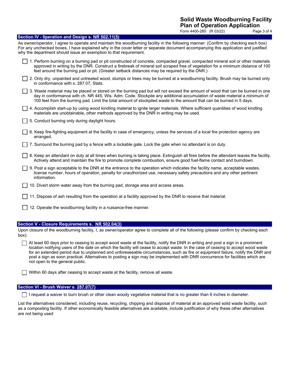 Form 4400-285 Solid Waste Woodburning Facility Plan of Operation Application - Wisconsin, Page 3
