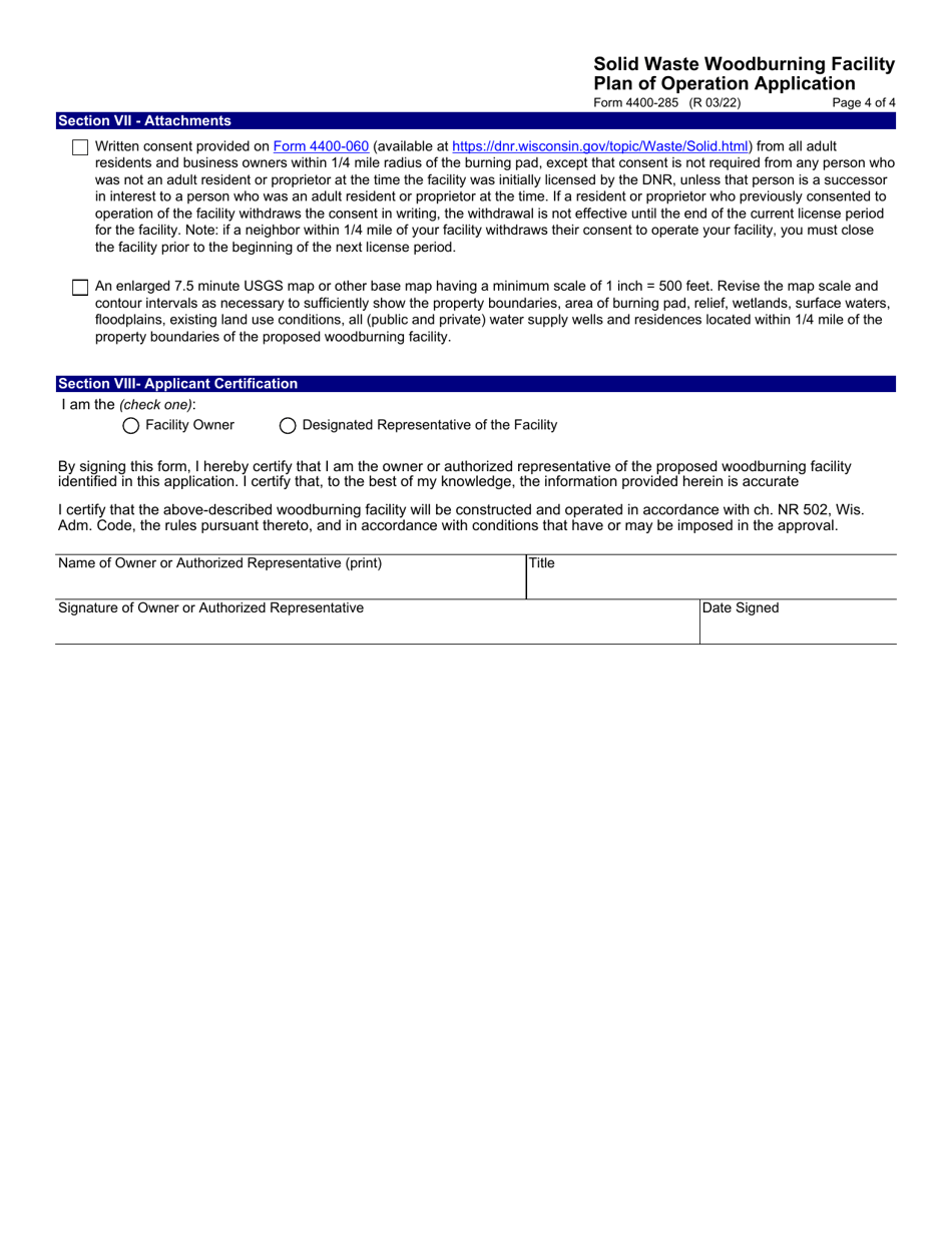 Form 4400-285 Solid Waste Woodburning Facility Plan of Operation Application - Wisconsin, Page 4