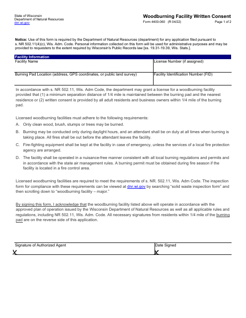 Form 4400-060 Woodburning Facility Written Consent - Wisconsin