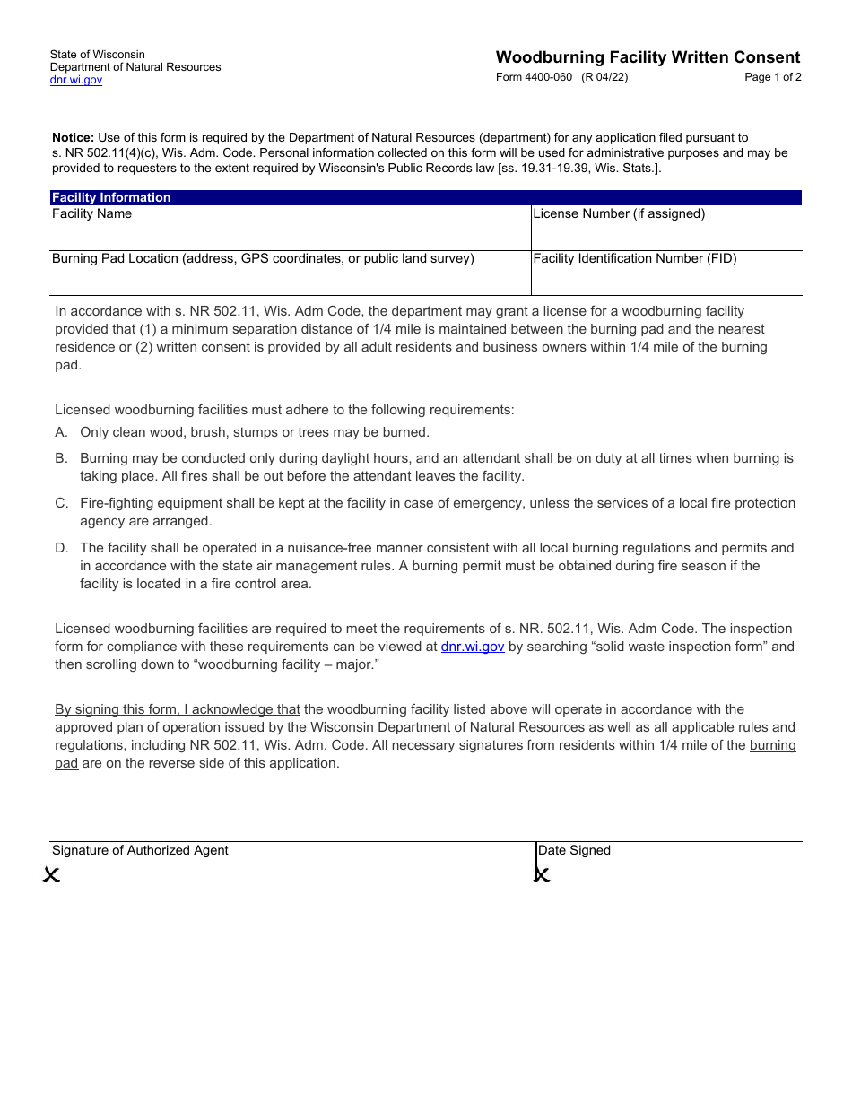 Form 4400-060 Woodburning Facility Written Consent - Wisconsin, Page 1