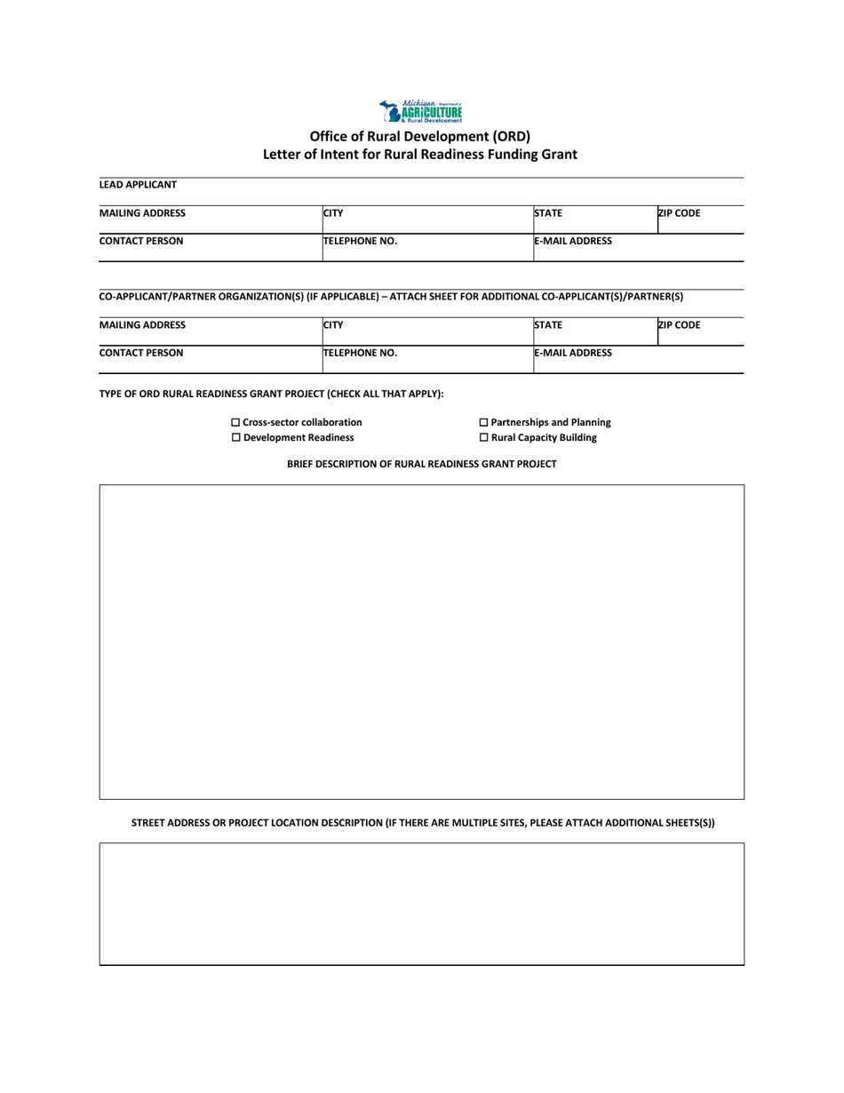 Michigan Letter of Intent for Rural Readiness Funding Grant - Fill Out ...