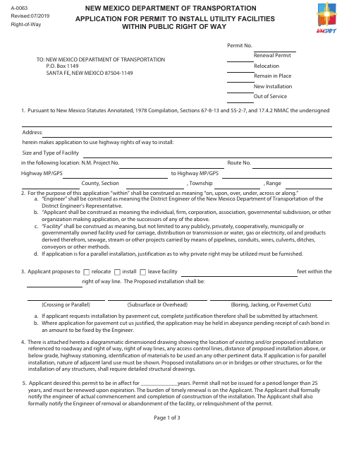 Form A-0063 Application for Permit to Install Utility Facilities Within Public Right of Way - New Mexico