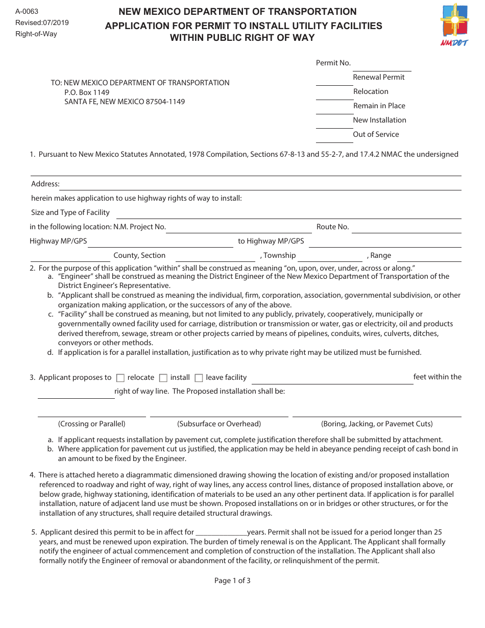 Form A-0063 Application for Permit to Install Utility Facilities Within Public Right of Way - New Mexico, Page 1