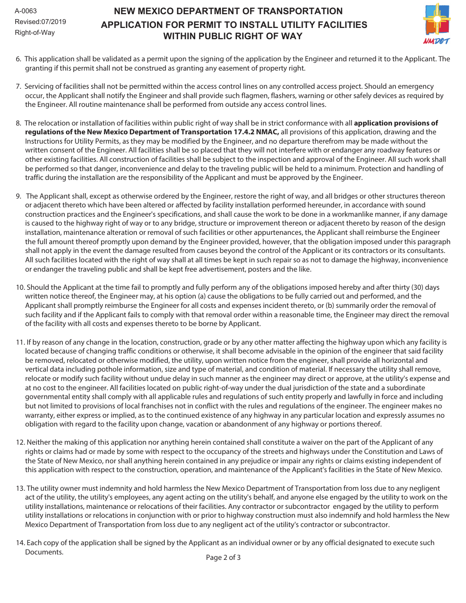 Form A-0063 Application for Permit to Install Utility Facilities Within Public Right of Way - New Mexico, Page 2