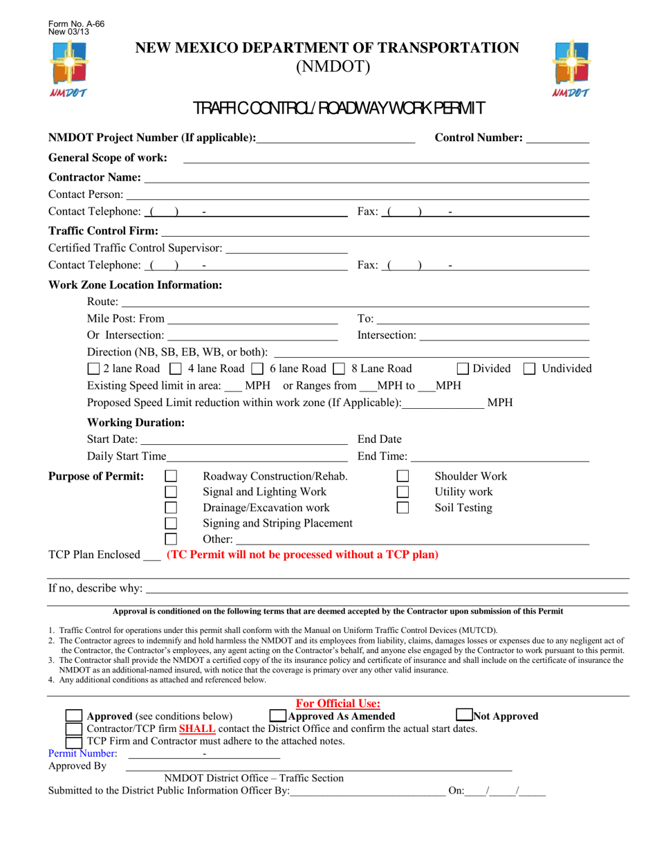 Form A-66 Traffic Control / Roadway Work Permit - New Mexico, Page 1