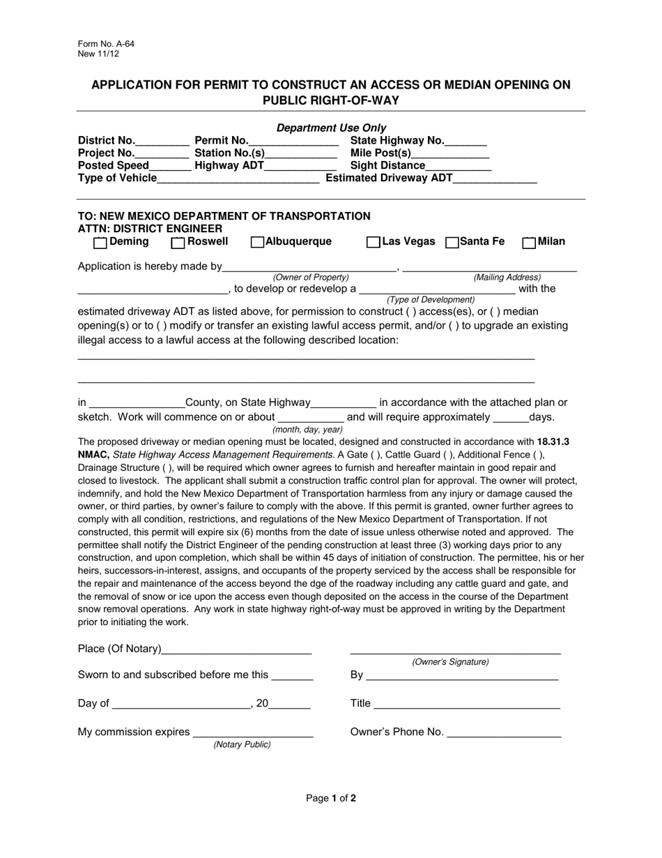 Form A-64 Application for Permit to Construct an Access or Median Opening on Public Right-Of-Way - New Mexico, Page 1