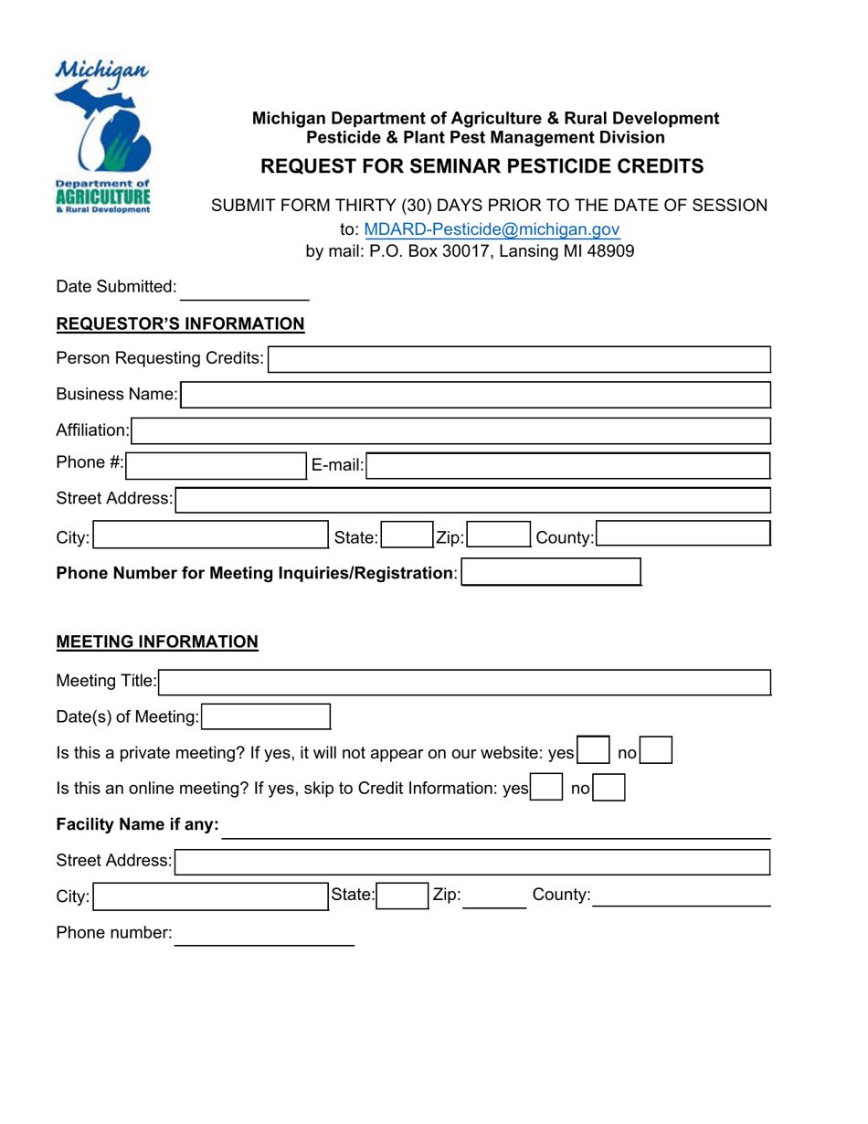 Request for Seminar Pesticide Credits - Michigan, Page 1