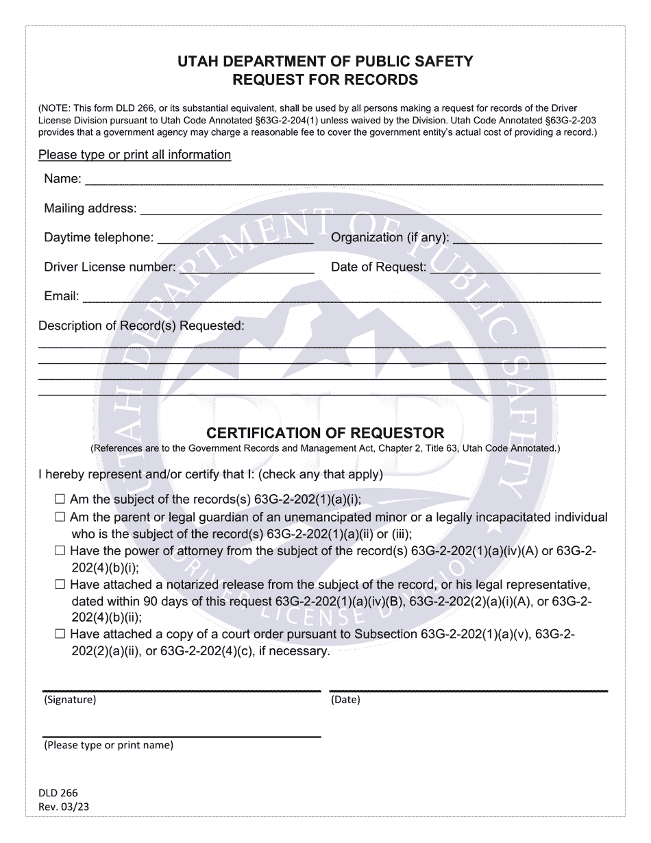 Form DLD266 Fill Out, Sign Online and Download Fillable PDF, Utah