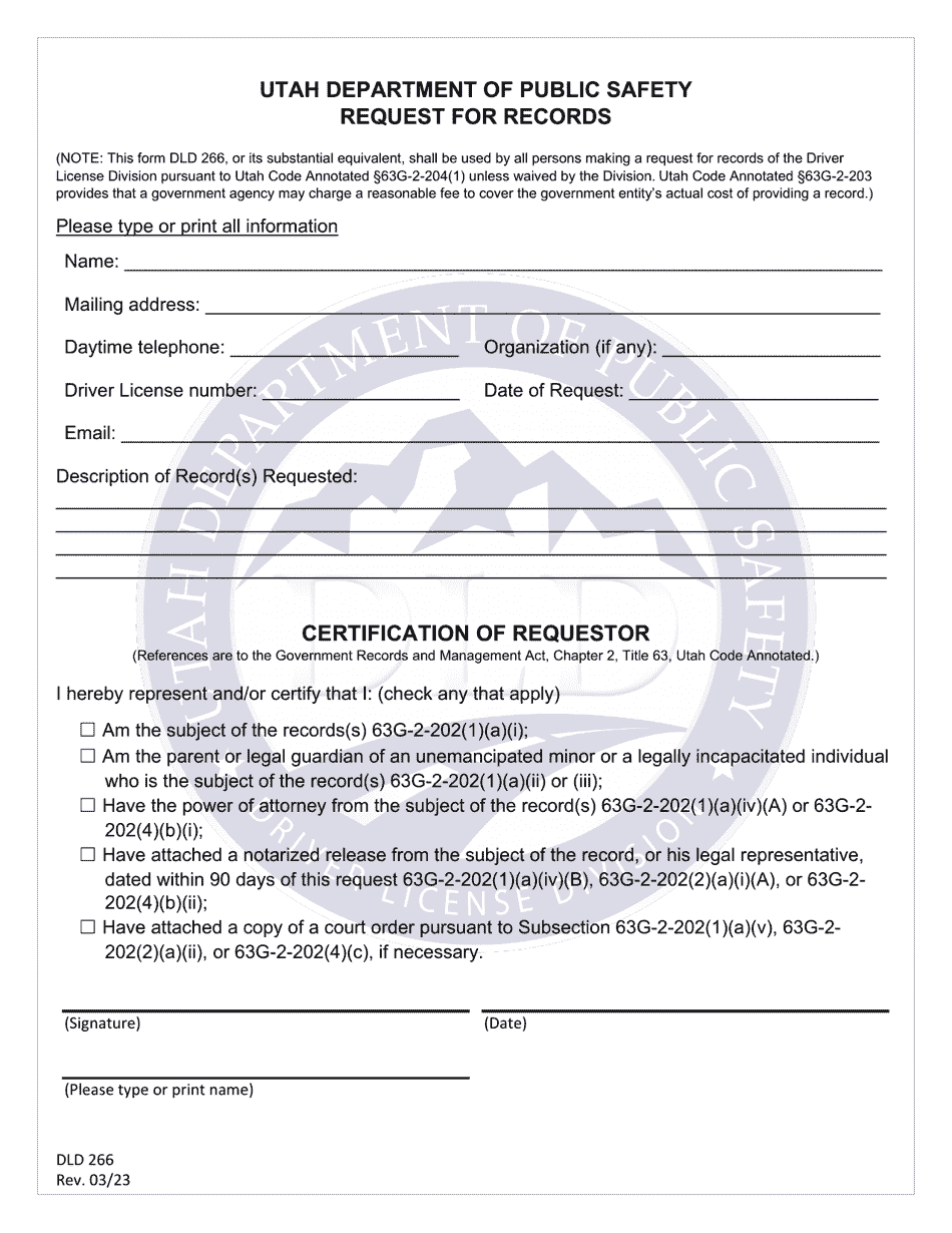 Form DLD266 Request for Certified Records in-Person - Utah, Page 1