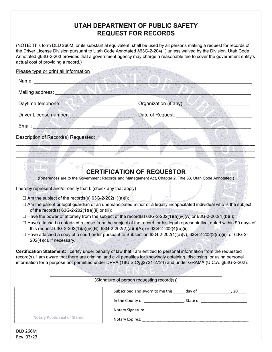 Form DLD266M Request for Certified Records by Mail - Utah, Page 1