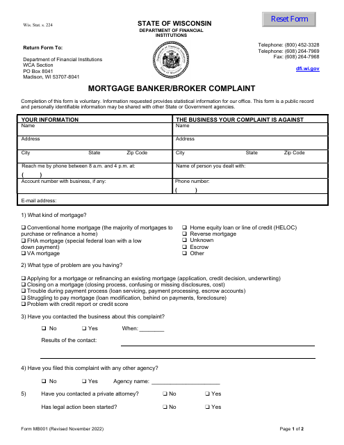 Form MB001 Mortgage Banker/Broker Complaint - Wisconsin