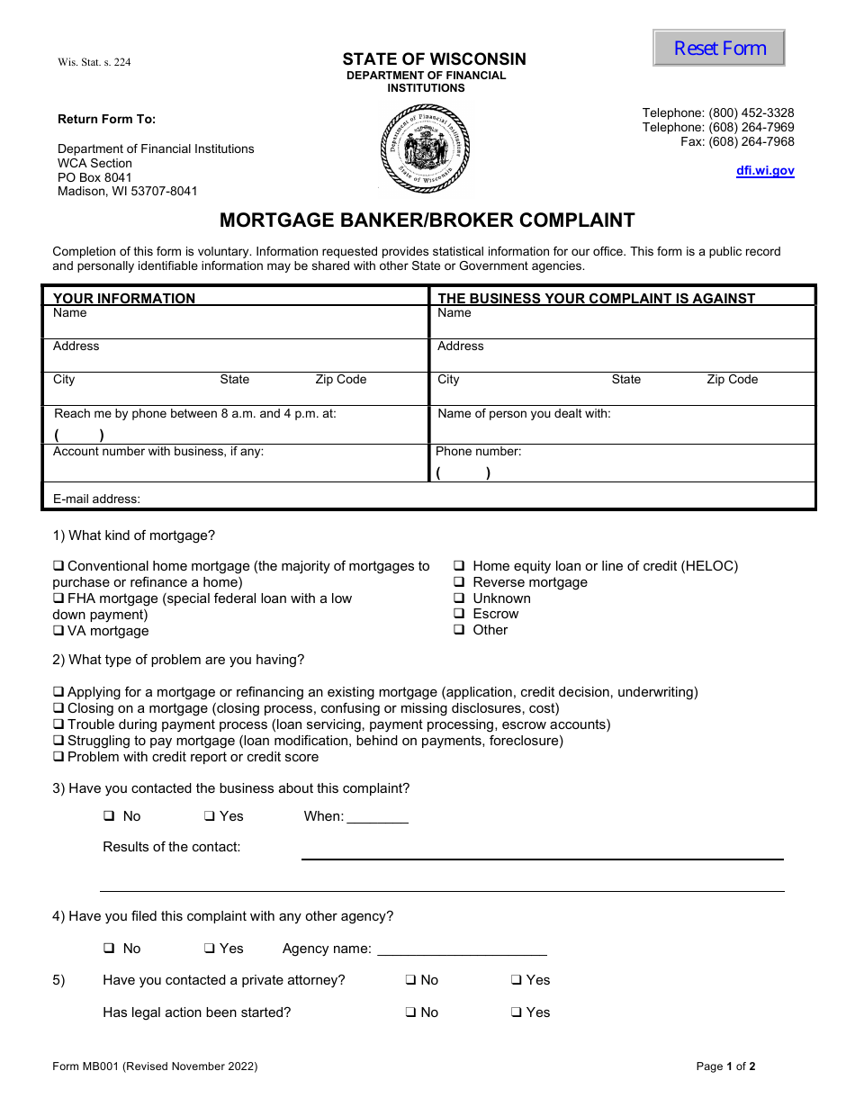 Form MB001 Mortgage Banker / Broker Complaint - Wisconsin, Page 1