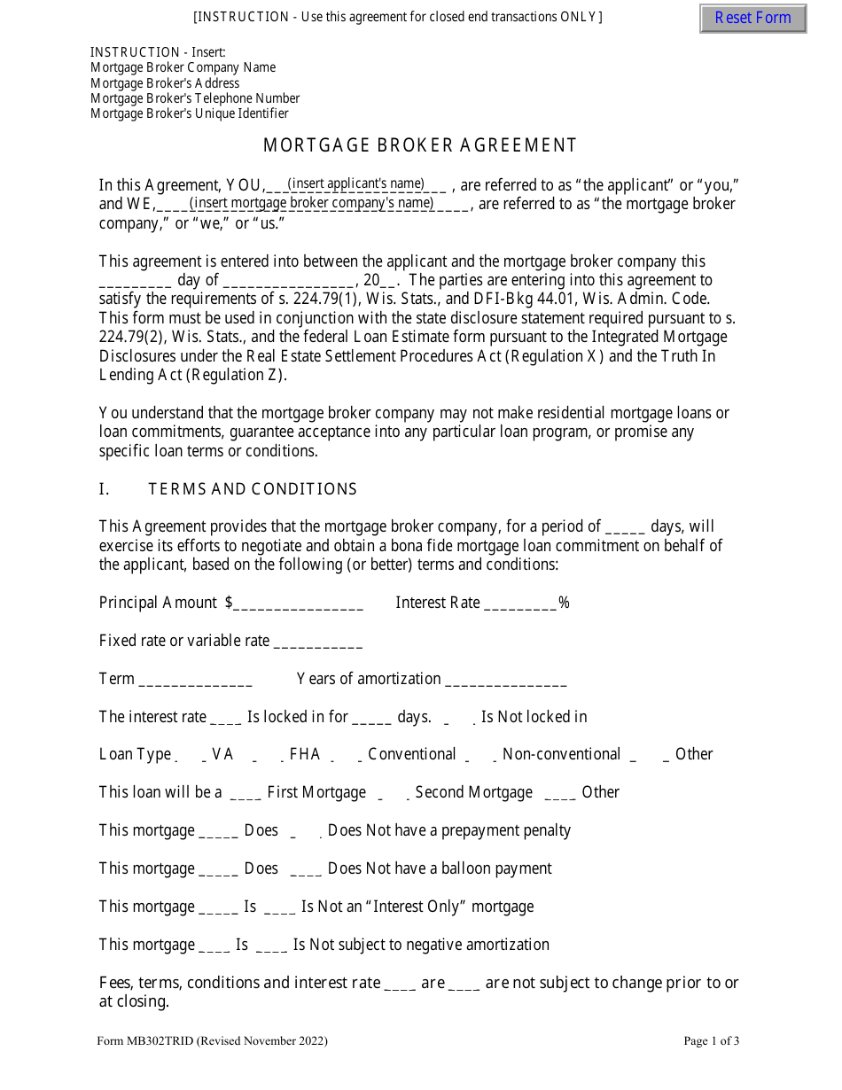 Form MB302TRID Mortgage Broker Agreement - Closed End Transactions (Trid Version) - Wisconsin, Page 1