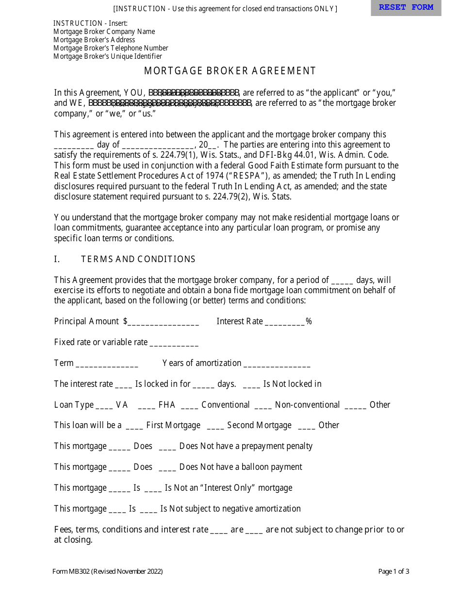 Form MB302 Mortgage Broker Agreement -closed End Transactions - Wisconsin, Page 1