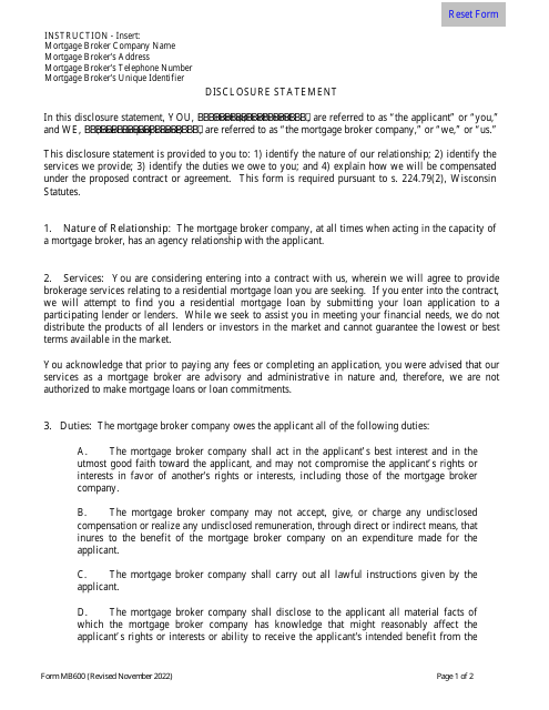 Form MB600  Printable Pdf