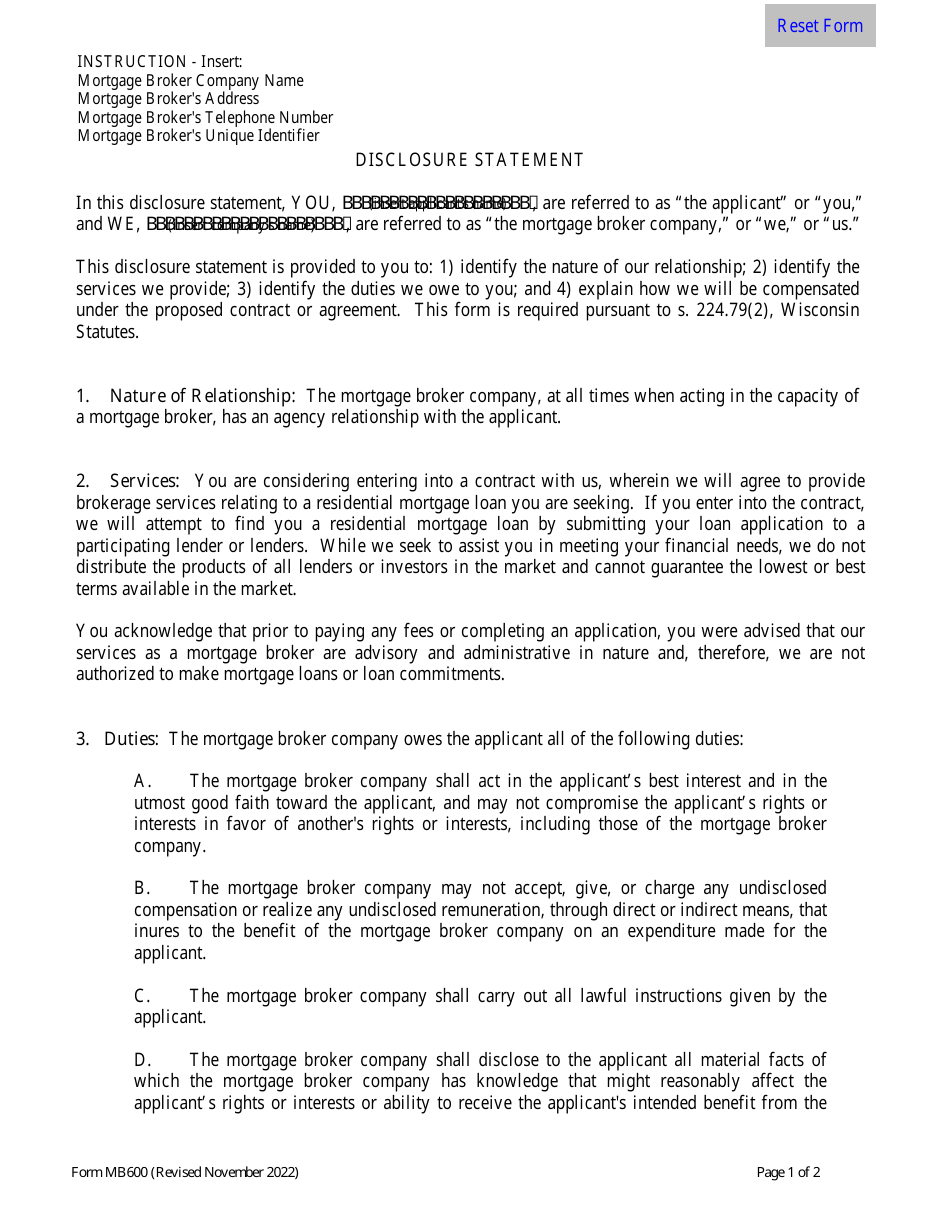 Form MB600 Consumer Disclosure Statement - Wisconsin, Page 1